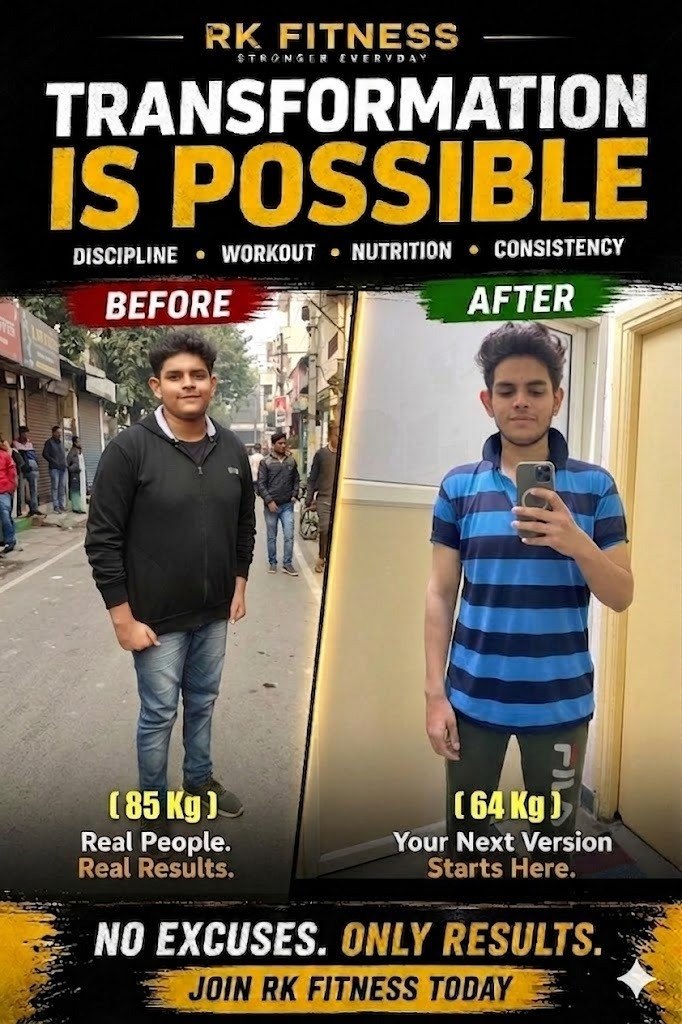 RK Fitness Club member transformation, Dhanori Pune — −21 kg before and after