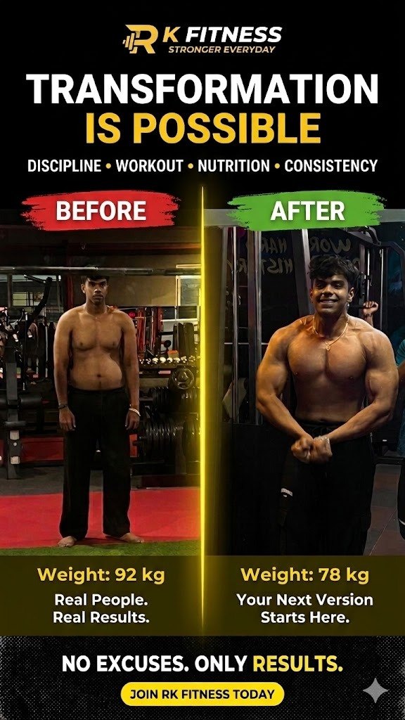 RK Fitness Club member transformation, Dhanori Pune — −14 kg before and after