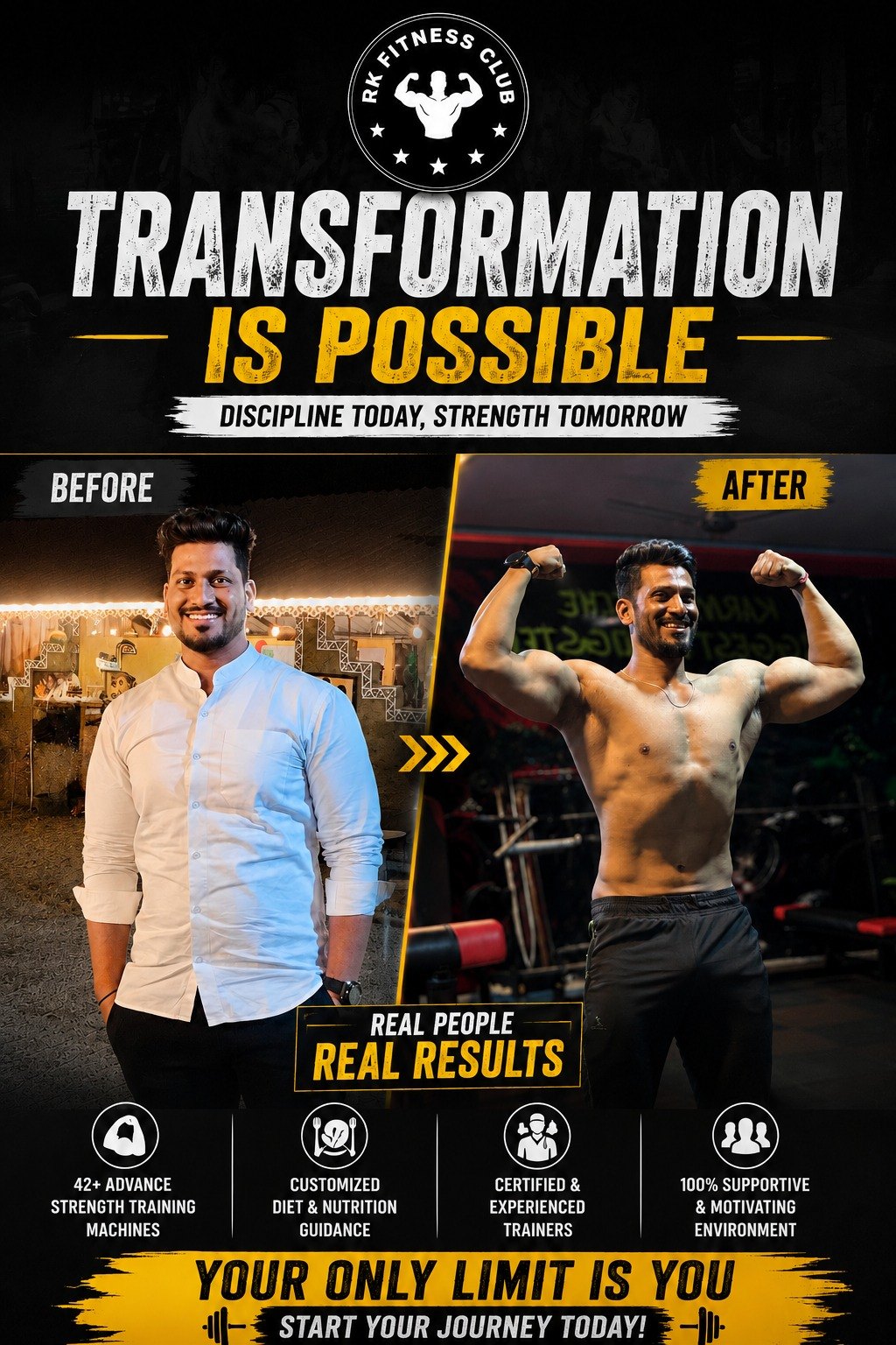RK Fitness Club member transformation, Dhanori Pune — Muscle Gain before and after